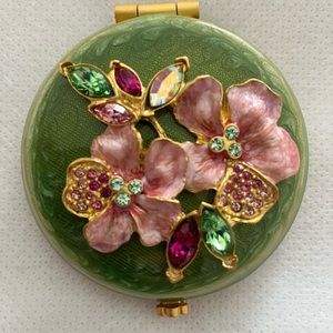 New Jay Strongwater Mirror Compact Green & Pink Floral Design Swarovski Crystals